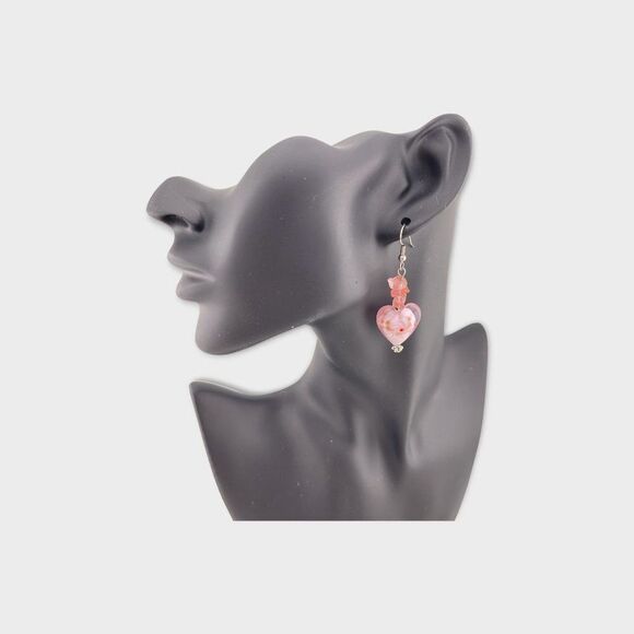 Vintage Pink Heart Earrings Puff Glass & Rose Quartz Earrings NWT - Picture 3 of 8